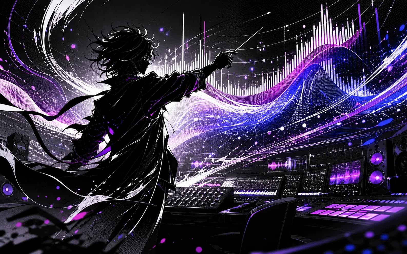 Original manga-style music producer conducting luminous sound waves