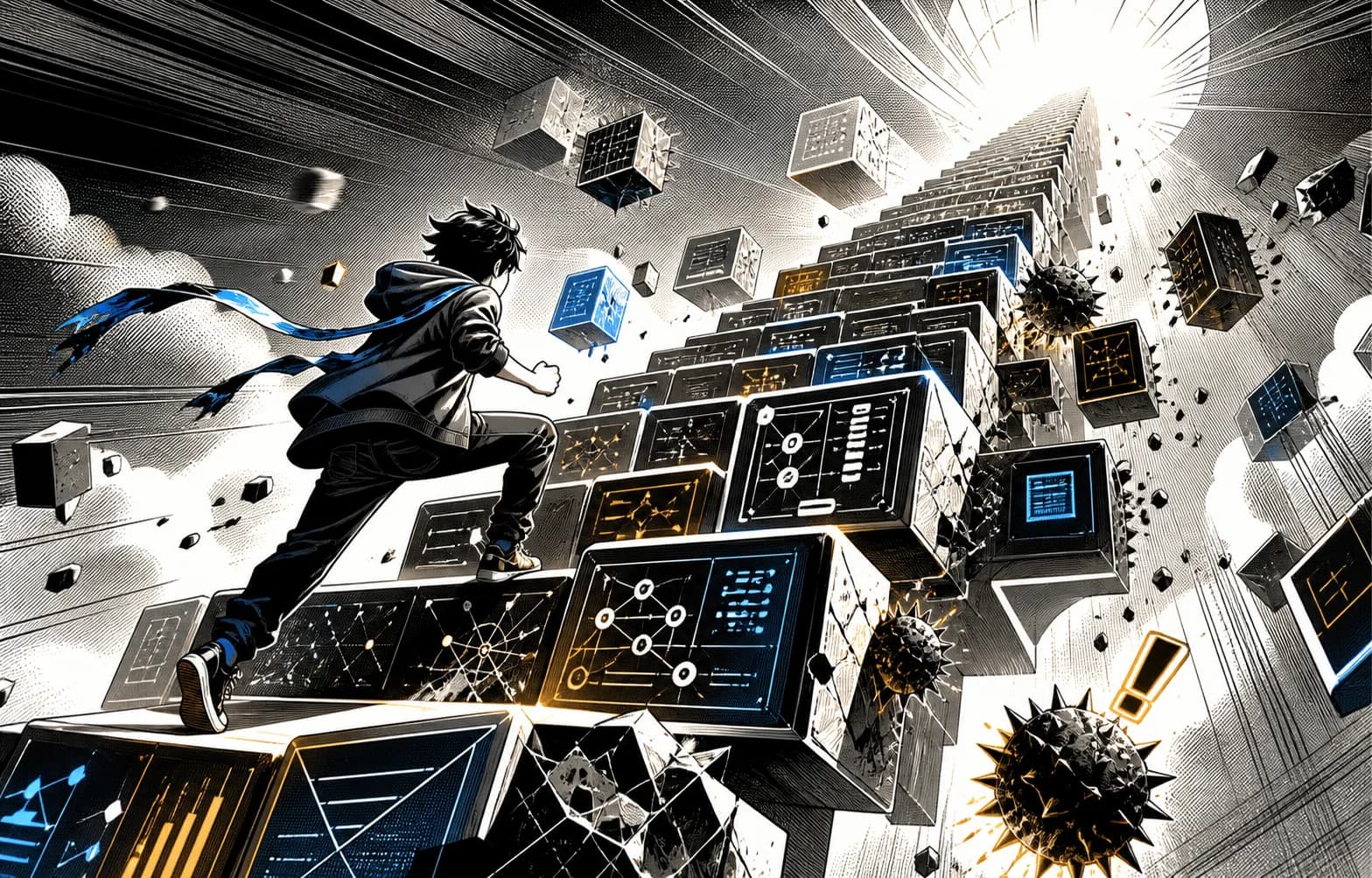 Original manga-style developer climbing a staircase of programming challenges