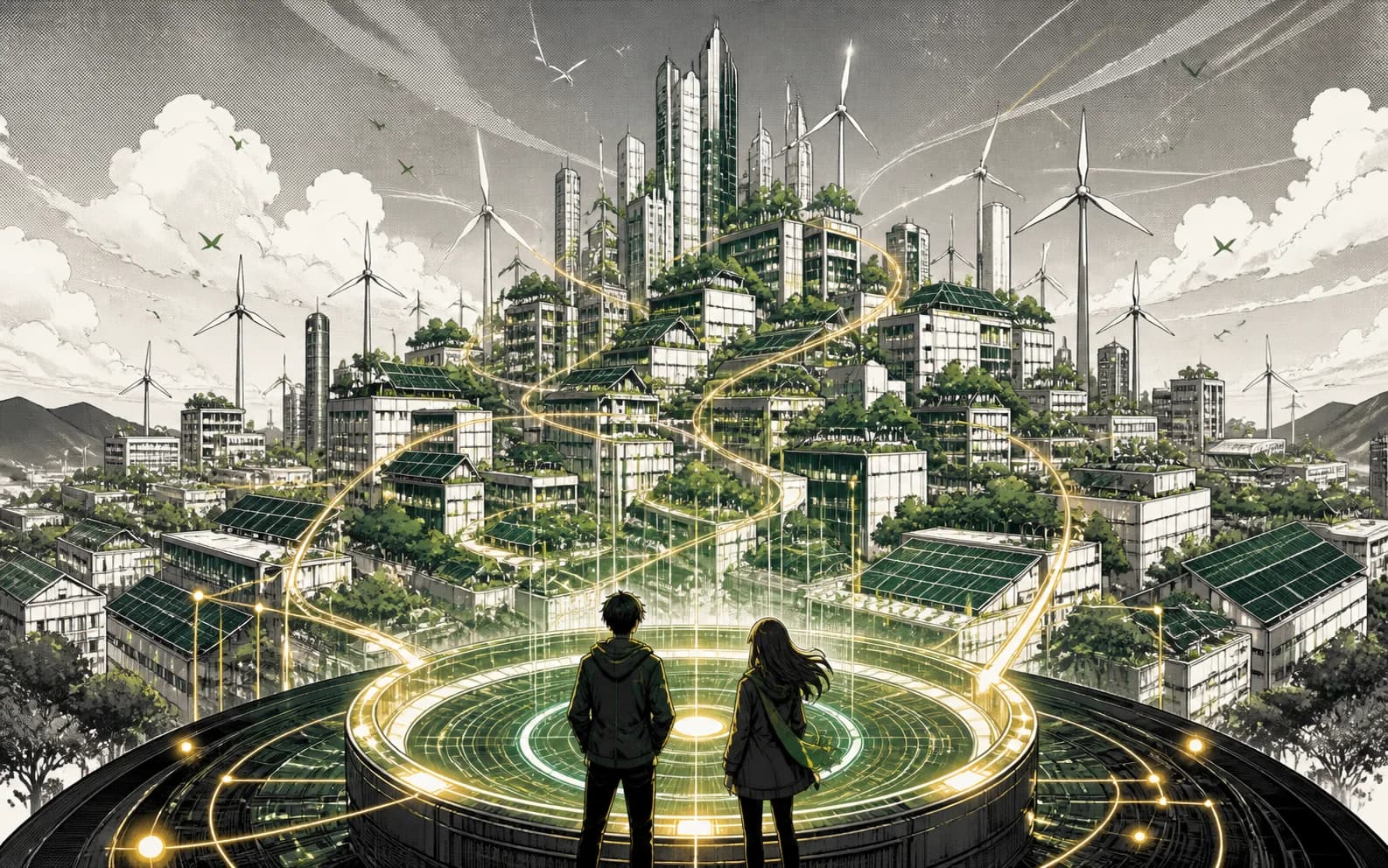 Original manga-style sustainable city connected by green investment pathways