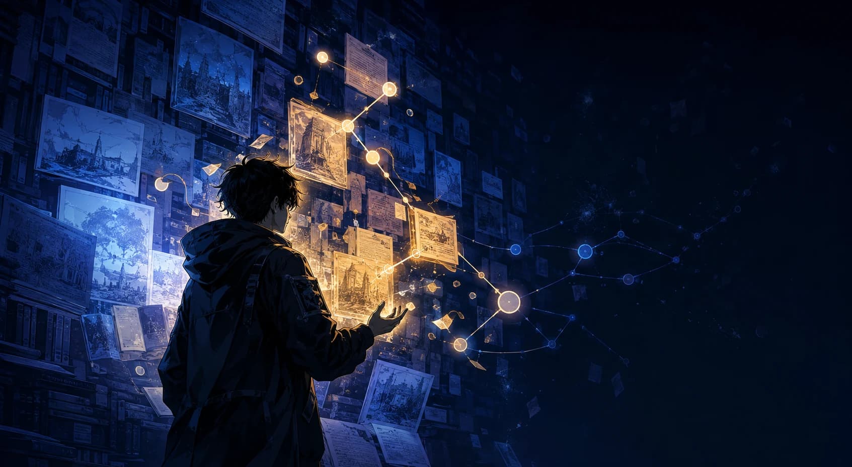 Original manga-inspired engineer navigating a luminous graph of connected knowledge documents