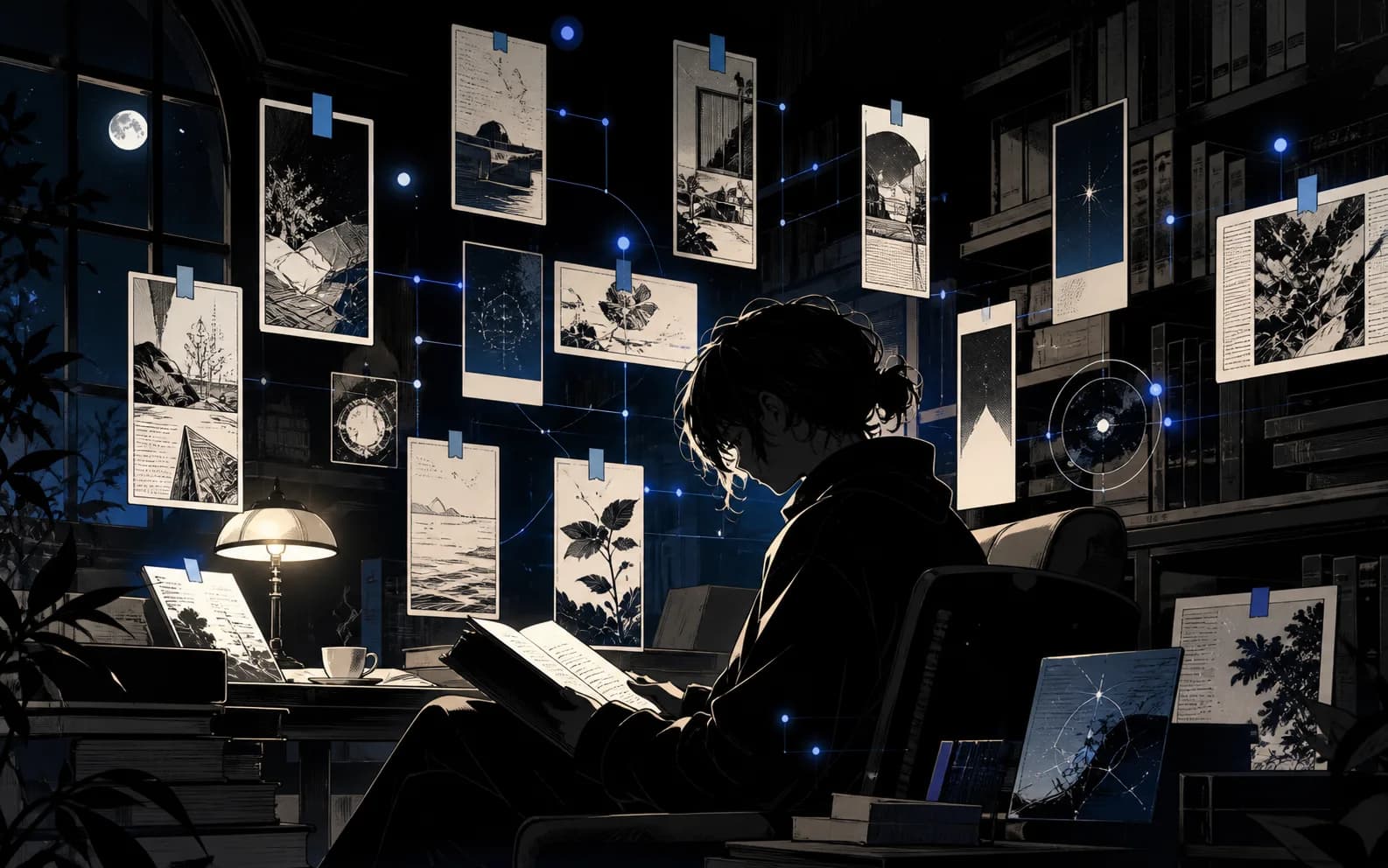 Original manga-style reader organizing connected notes in a midnight archive
